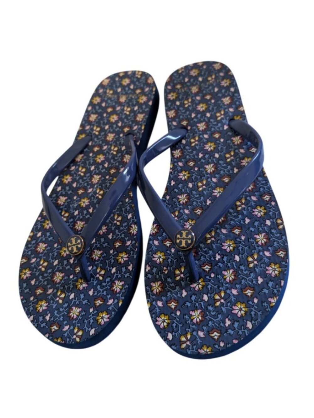Tory Burch Navy Blue Floral Printed Thin Flip Flop Sandals Gold Logo Womens 9